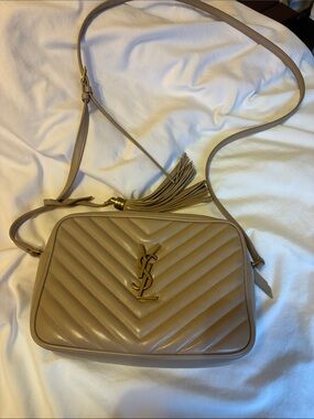 Saint Laurent Tan Chevron Quilted Camera Bag with Tassel